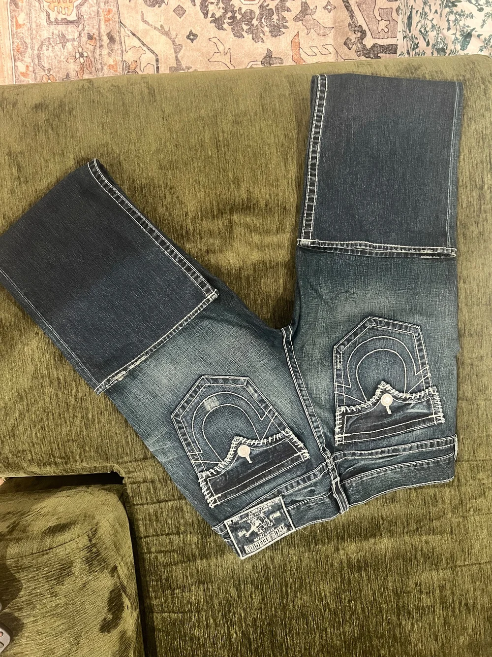 True Religion Men’s Dark Blue Bootcut Jeans with Contrast Stitching